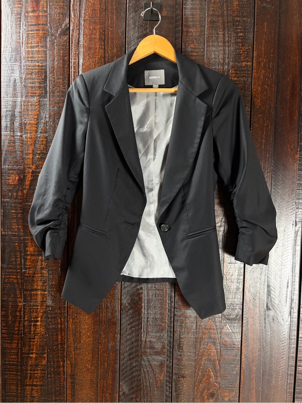 Kenna-T Wool Black Ruched-Sleeve Blazer